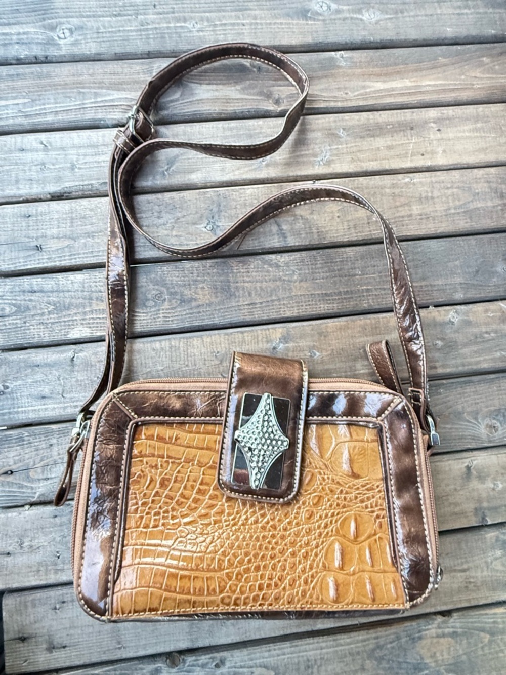 Marc Shantel Brown Faux Crocodile Embossed Crossbody Bag Silver Flap